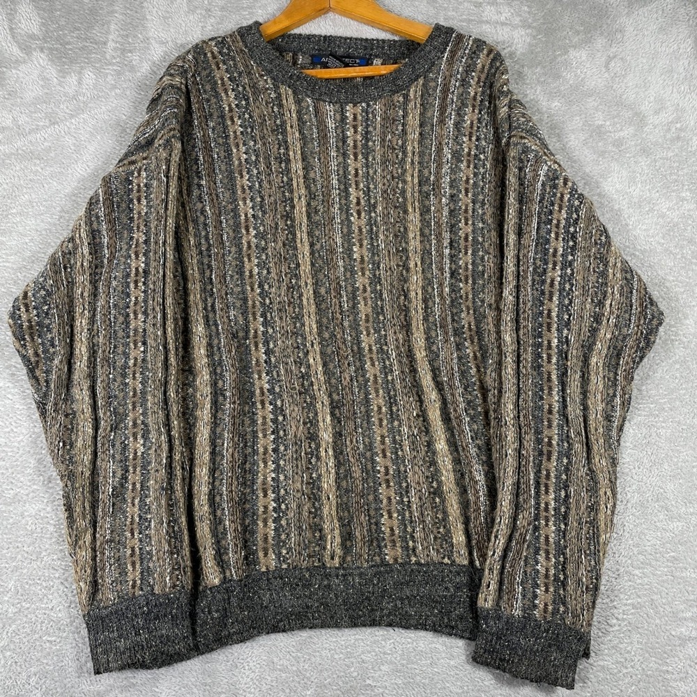 Architect Sweater Mens Large Brown Vertical Stripe Textured Knit Wool Blend Crew